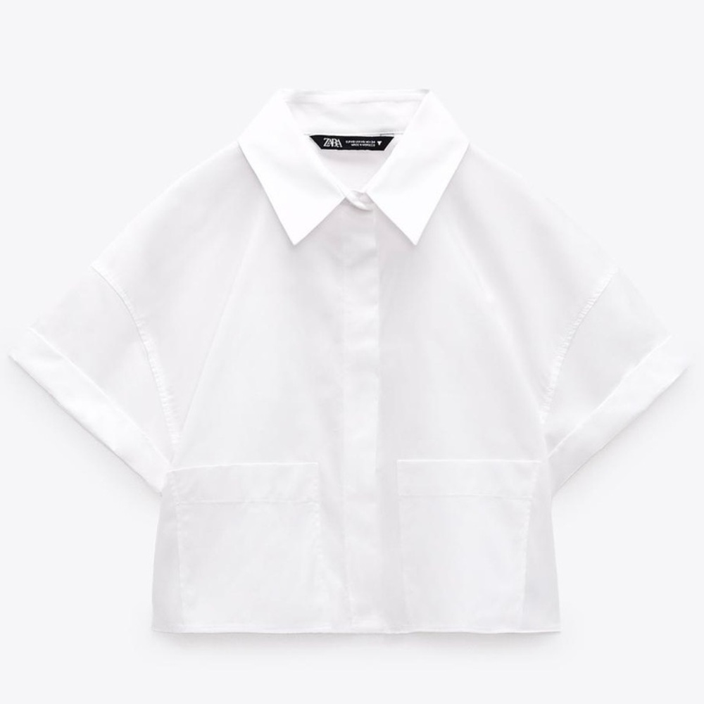 NWT Zara Cropped Cotton Poplin Button Shirt White Size M